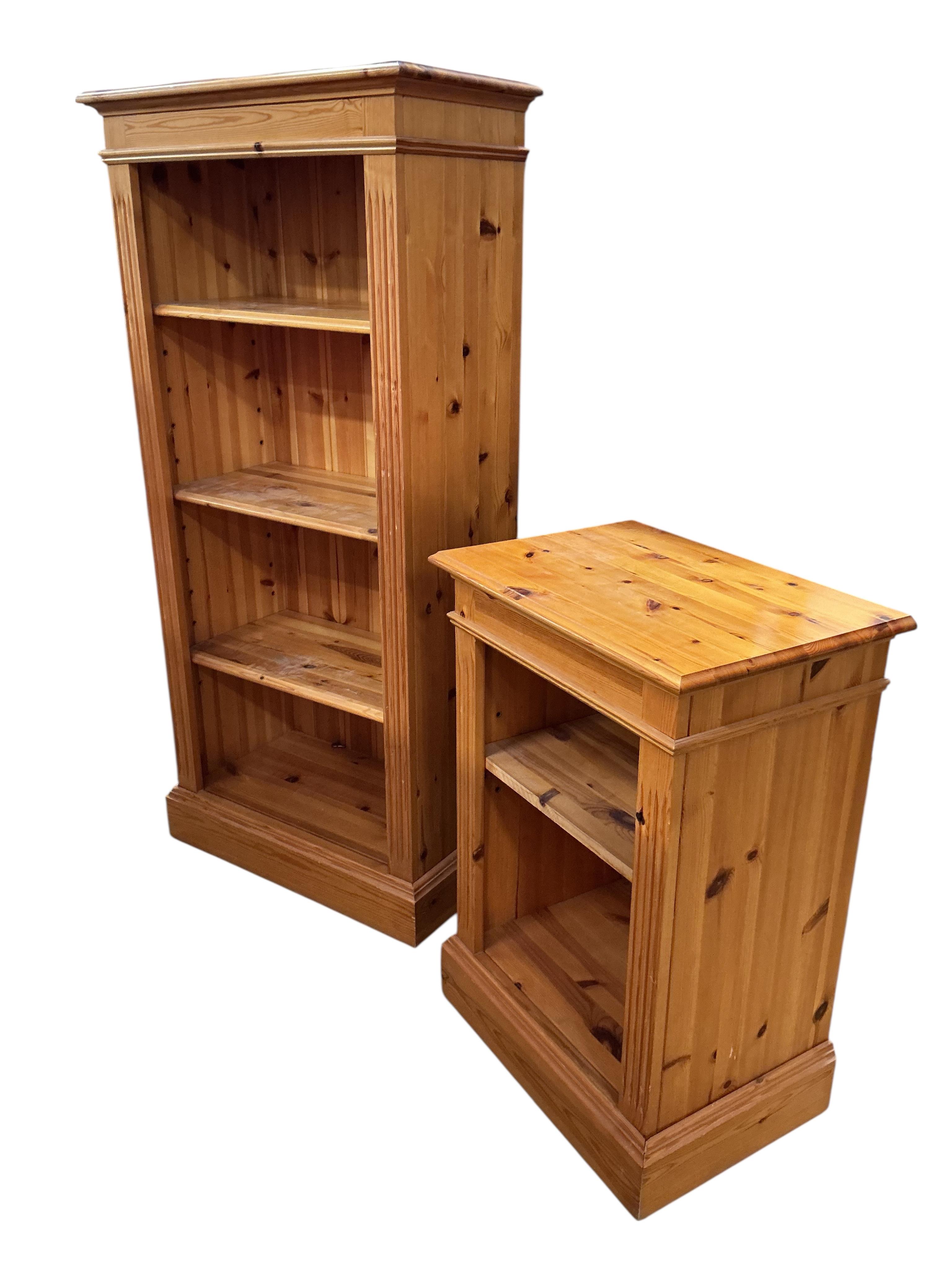 Two modern pine open bookcases, larger width 66cm, depth 35cm, height 138cm